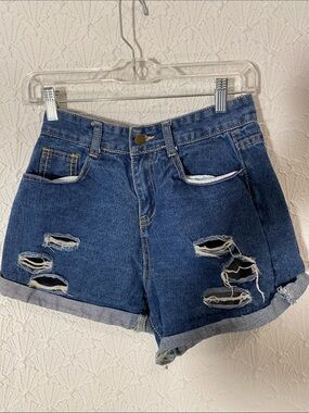 Classic Distressed High-Rise Denim Shorts - Dark Blue waist 26